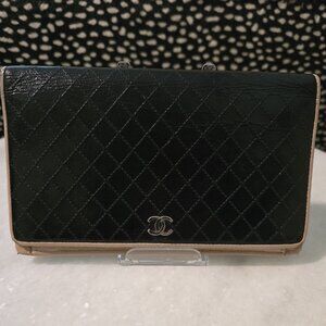 Chanel Black with Tan Piping Bifold Long Wallet